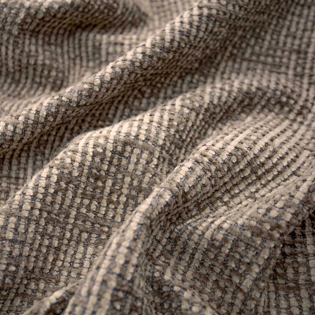 Warm latte and taupe small-check weave gathered in soft, textured folds