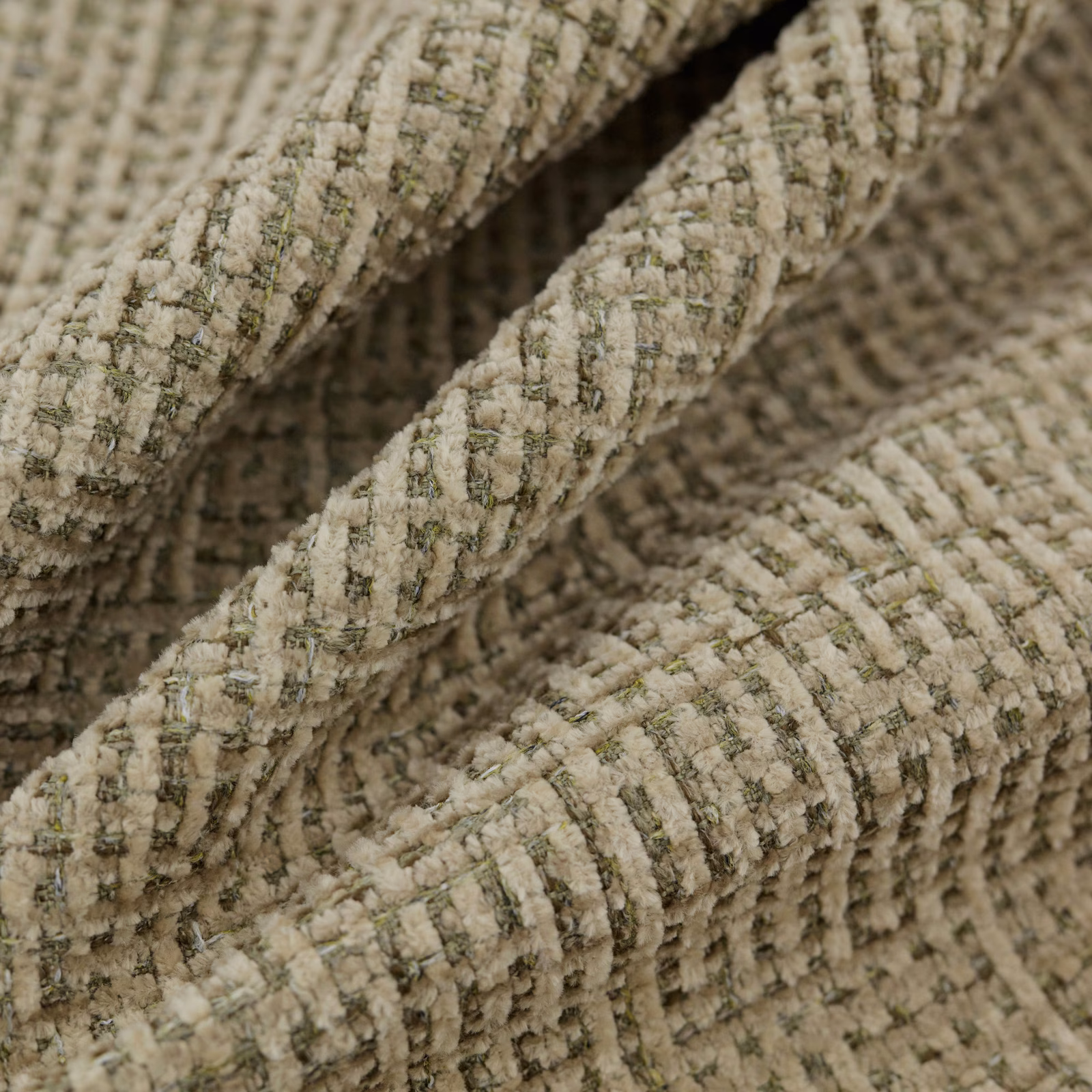 Muted lichen green and oatmeal ribbed weave with chunky looped texture