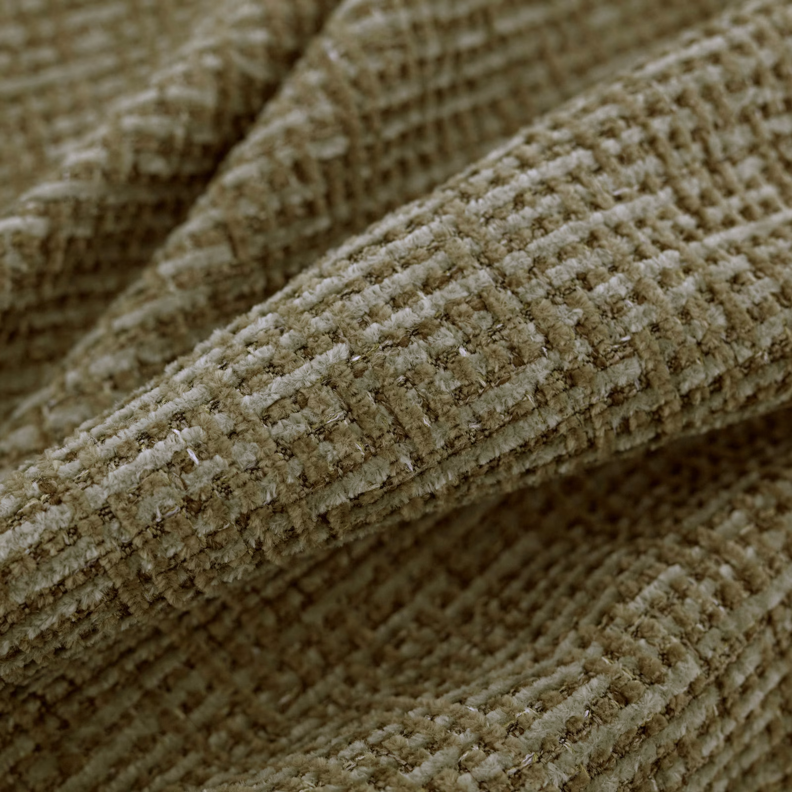 Muted olive moss fabric with raised nubby ridges and a chunky woven grid texture