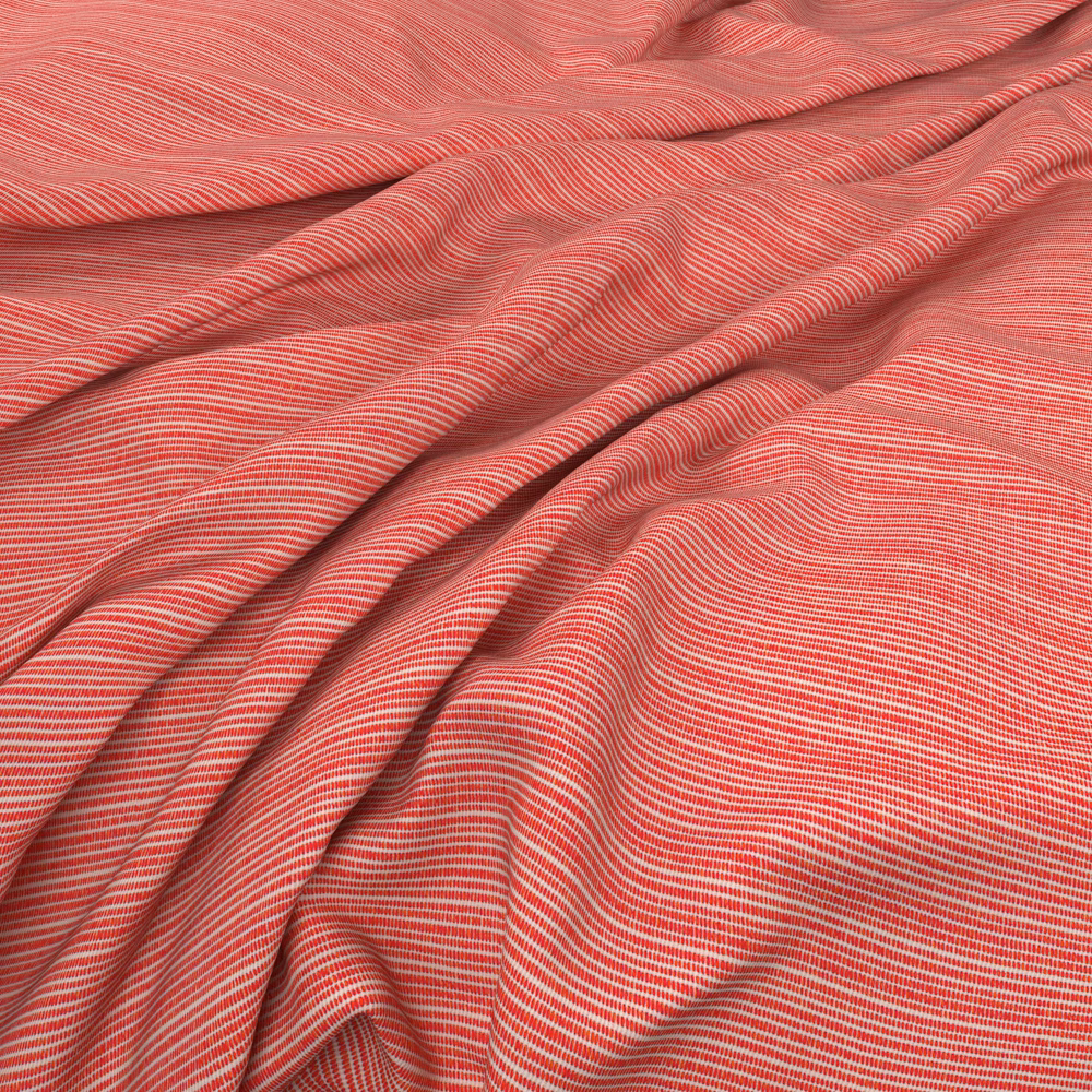 Dusty coral-pink fabric with fine ivory rippling stripes, shown in soft folds