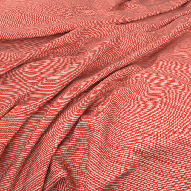 Dusty coral-pink fabric with fine ivory rippling stripes, shown in soft folds