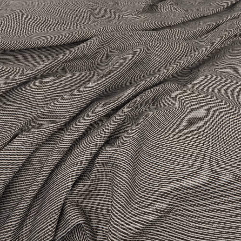 Deep taupe-charcoal fabric with fine undulating pinstripes gathered into soft folds