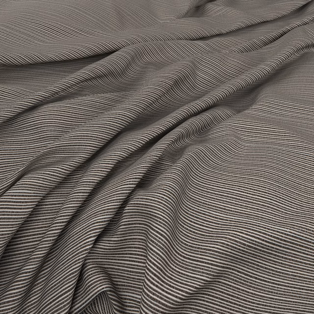 Deep taupe-charcoal fabric with fine undulating pinstripes gathered into soft folds