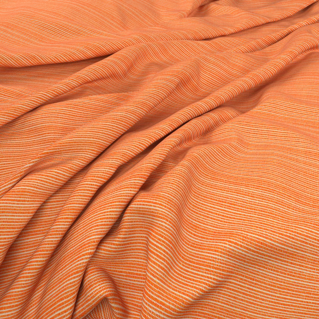 Warm coral-orange fabric with fine pale horizontal lines gathered into soft ripples