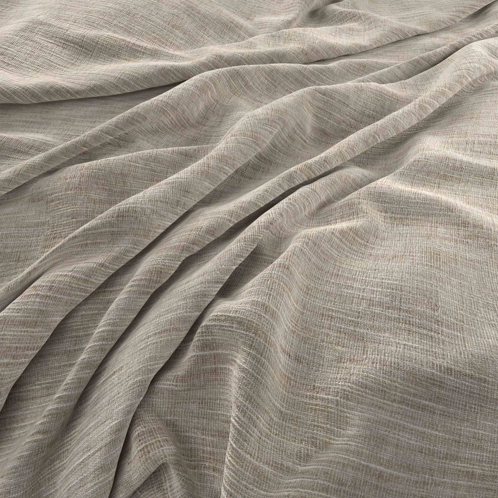 Soft greige textile with fine crosshatched slubs gathered into fluid diagonal folds