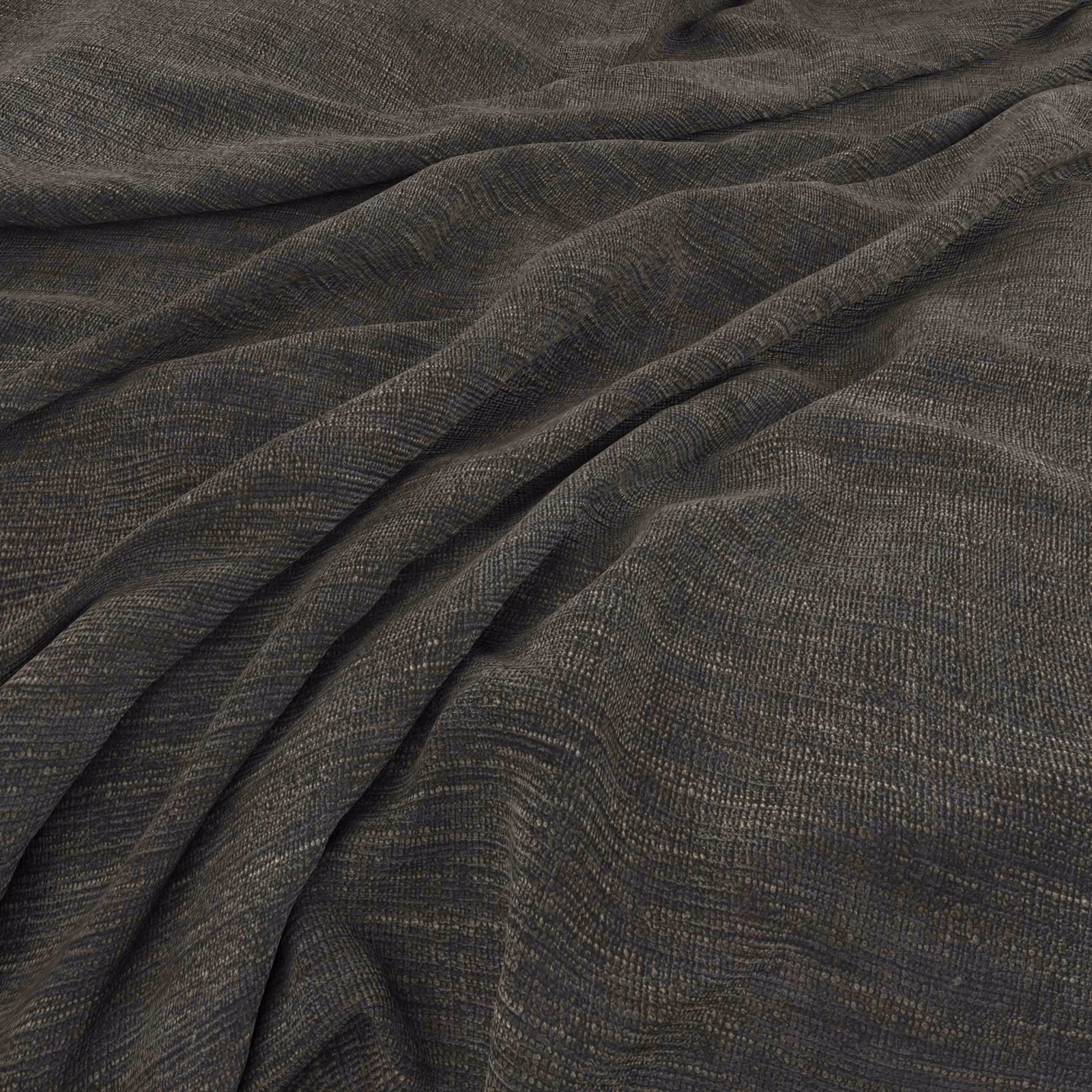 Close view of dark slate-grey woven cloth with fine crosshatched texture and fluid folds