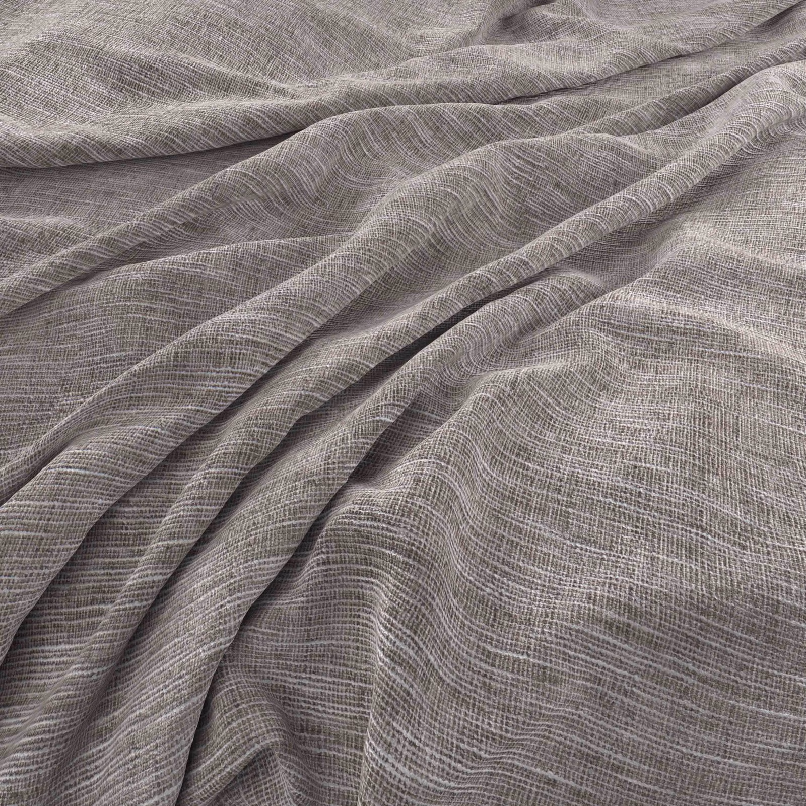 Muted smoke-grey woven textile with fine crosshatch texture gathered into soft folds
