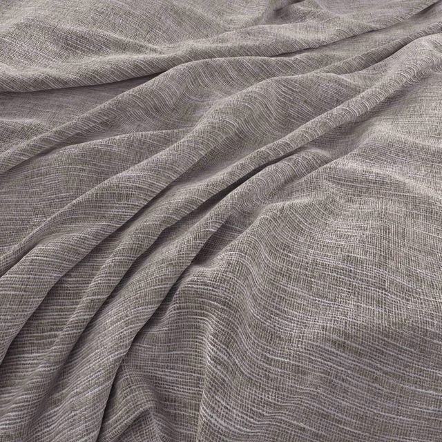 Muted smoke-grey woven textile with fine crosshatch texture gathered into soft folds