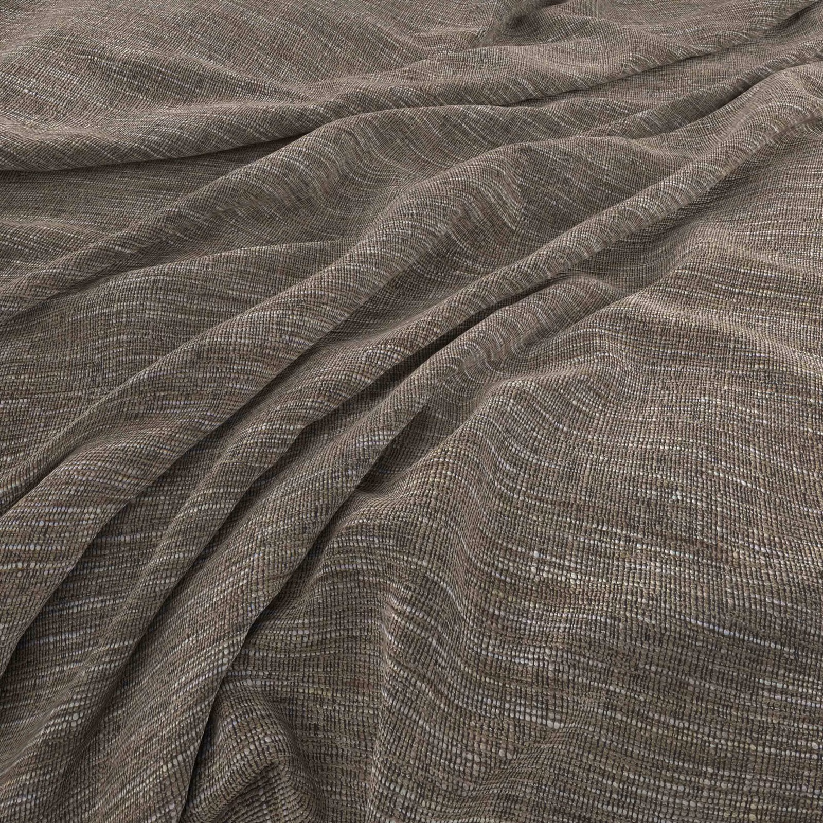 Close-up of muted grey taupe fabric with fine crosshatched weave in soft folds