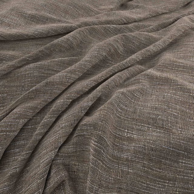 Close-up of muted grey taupe fabric with fine crosshatched weave in soft folds