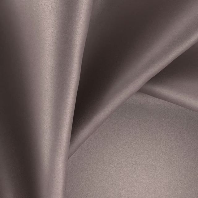 Mauve mushroom-taupe fabric with smooth satin sheen gathered into deep sculptural folds
