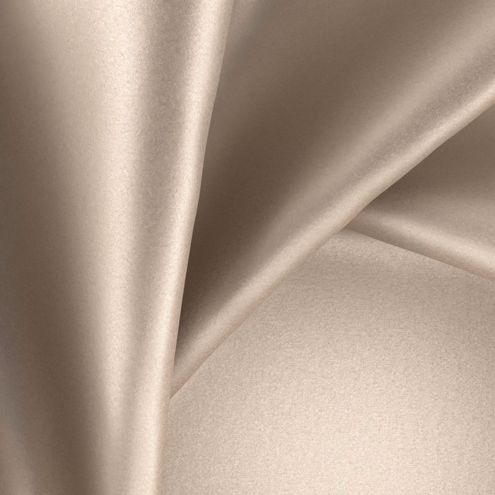 Warm sesame-beige glossy fabric draped in soft folds with satin-like highlights
