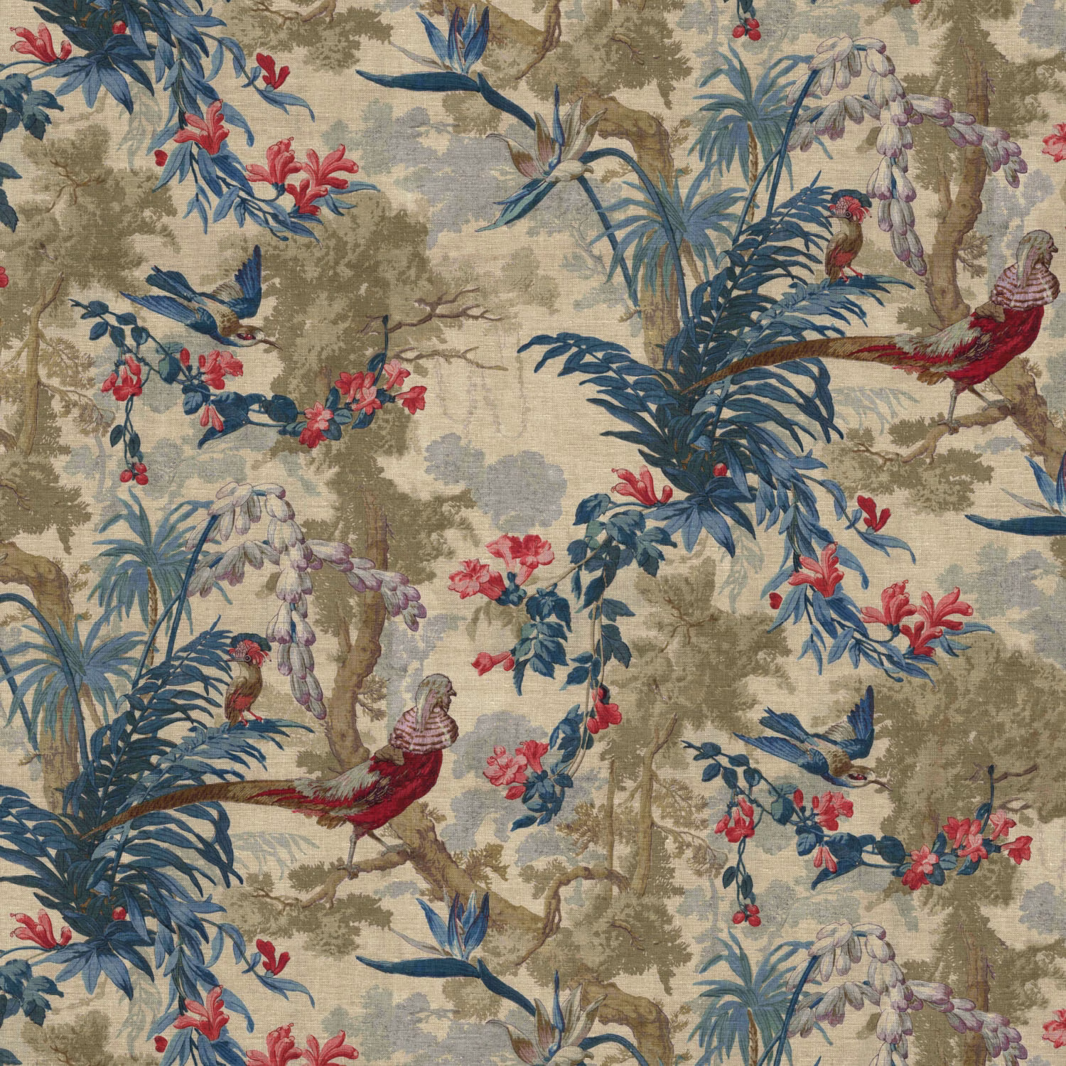 Stone-beige scenic fabric with blue foliage, coral flowers and perched birds