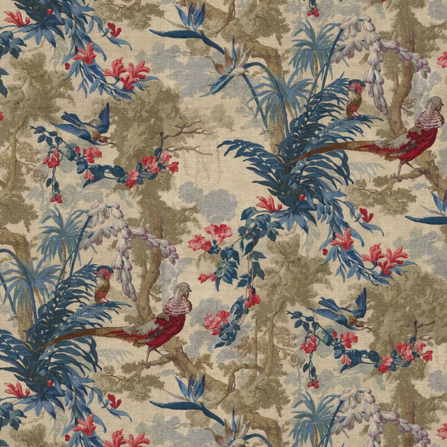 Stone-beige scenic fabric with blue foliage, coral flowers and perched birds