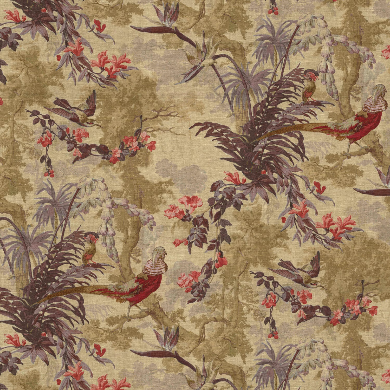 Beige chinoiserie fabric with crimson birds, plum foliage and trailing botanical branches