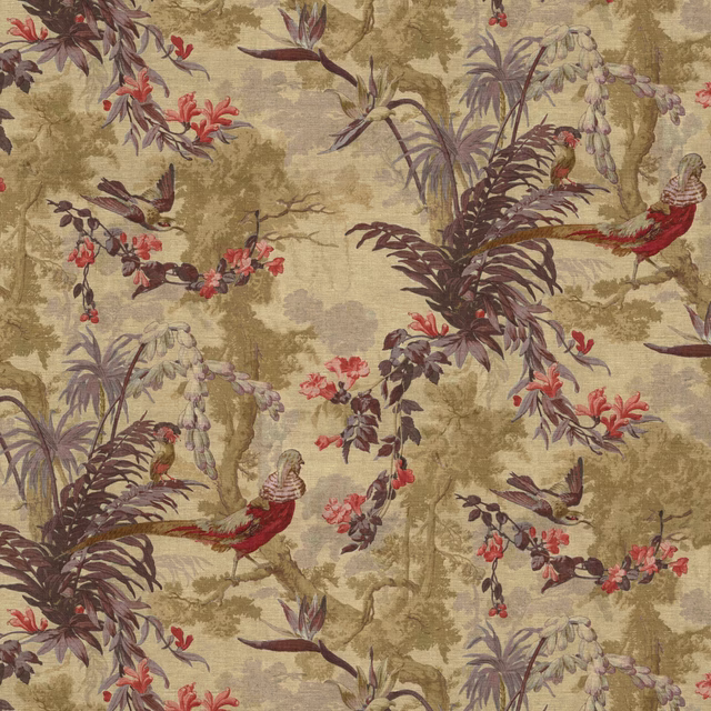 Beige chinoiserie fabric with crimson birds, plum foliage and trailing botanical branches
