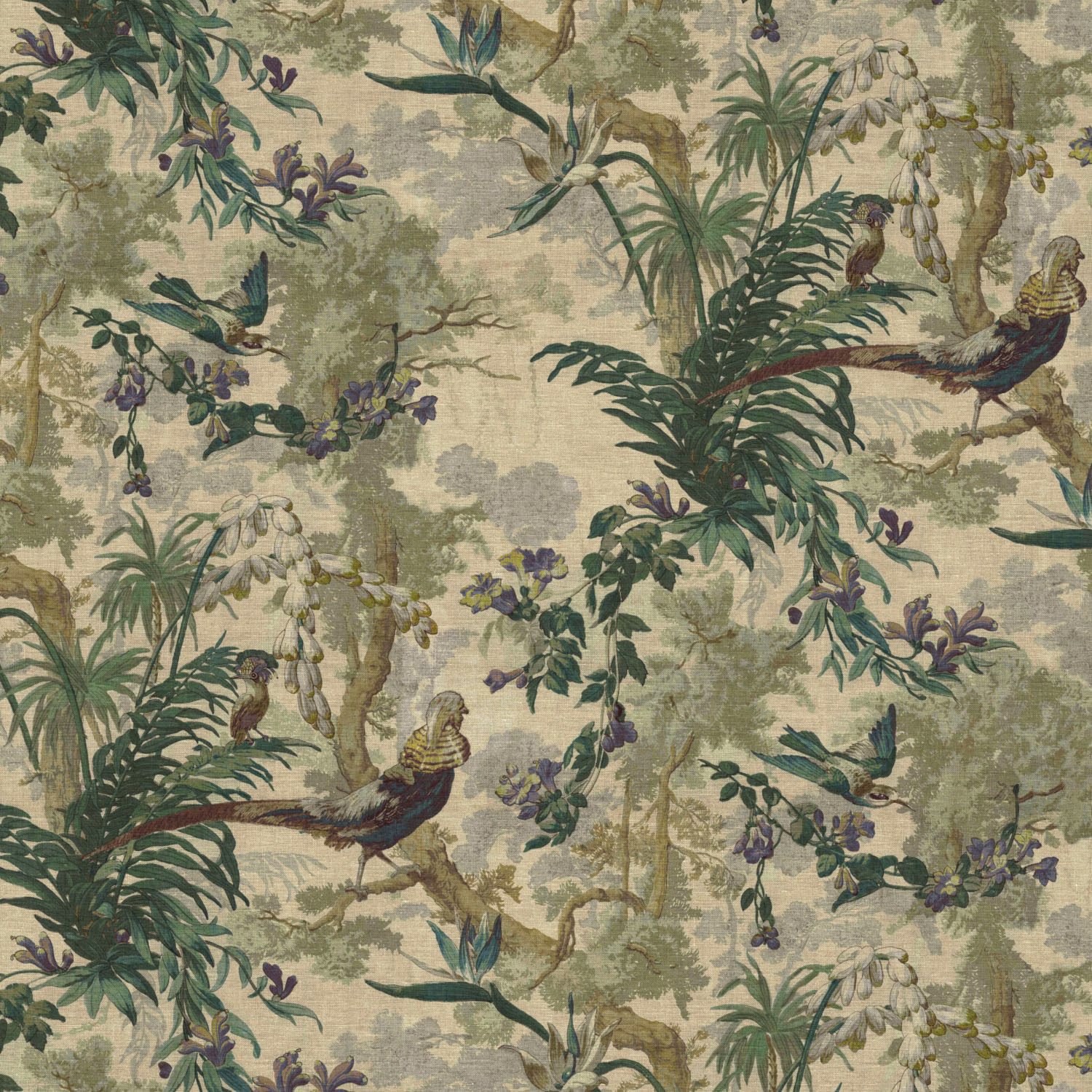 Moss and sage jungle scene with perched birds, palms and trailing violet flowers
