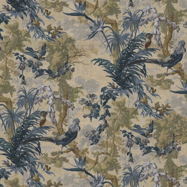 Taupe chinoiserie ground with ink-blue birds, layered foliage and pale hanging flowers