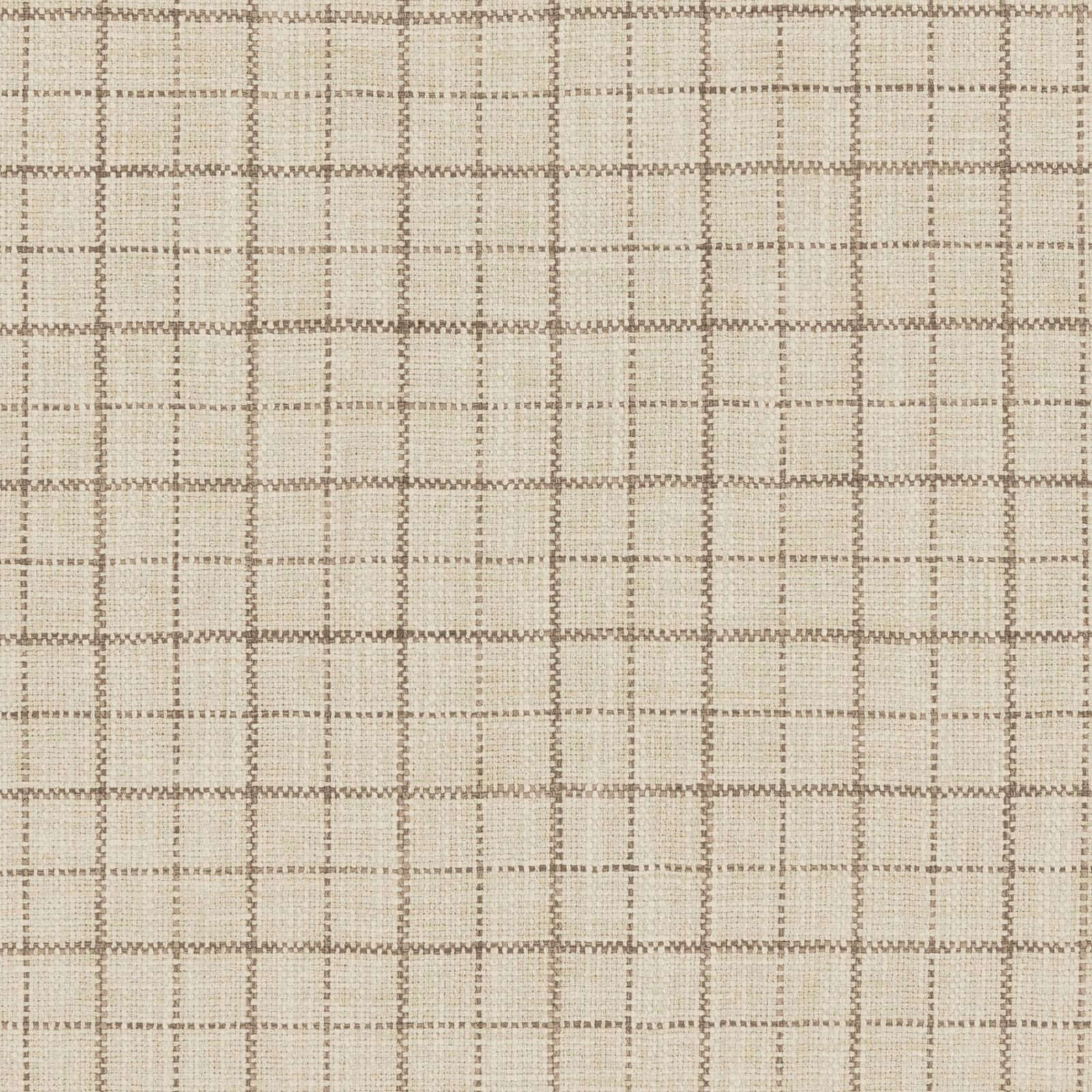 Warm beige woven fabric with a muted taupe-brown windowpane check and textured surface