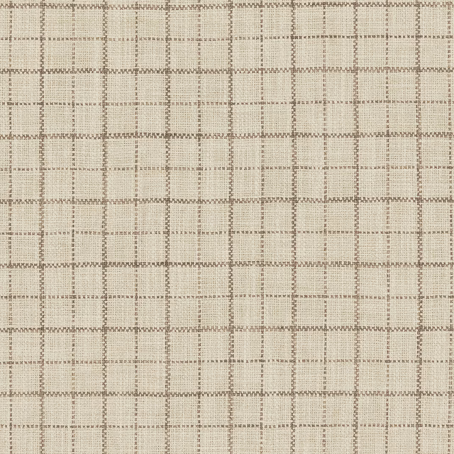 Warm beige woven fabric with a muted taupe-brown windowpane check and textured surface