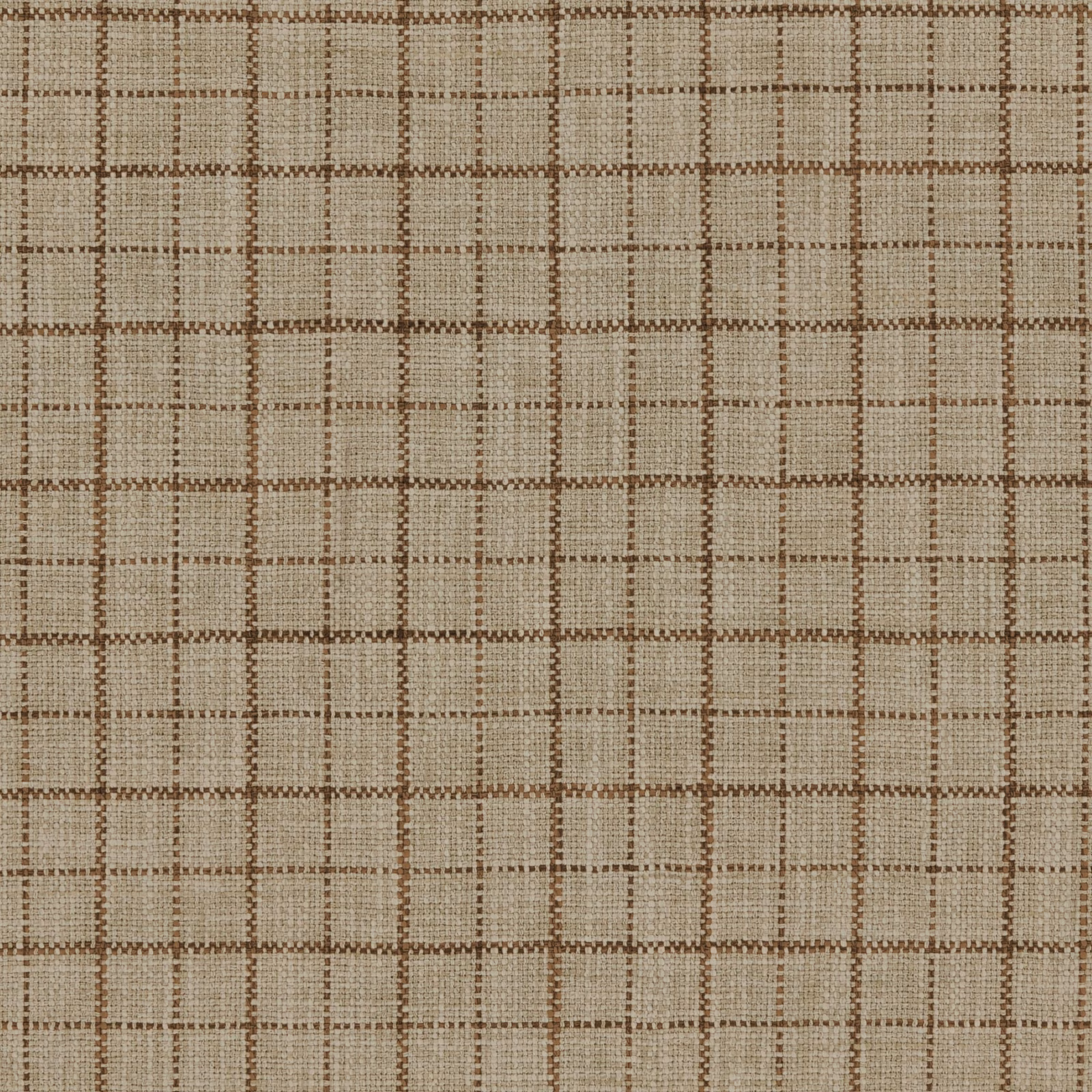Warm taupe woven fabric with a fine brown windowpane check and textured surface