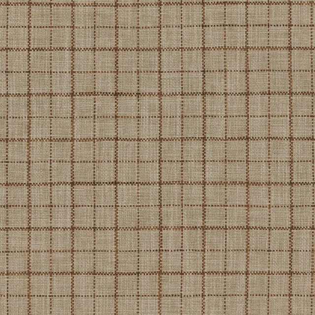 Warm taupe woven fabric with a fine brown windowpane check and textured surface