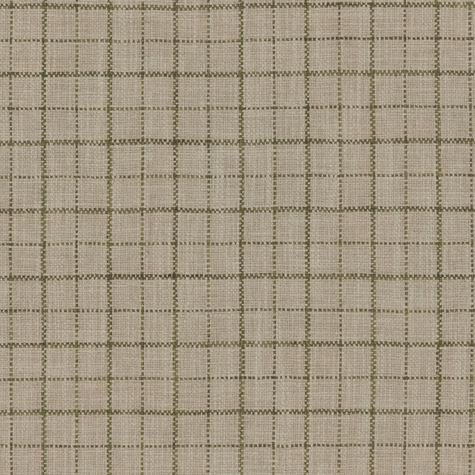 Muted lichen-green checked weave with fine olive-grey lines and linen-like texture