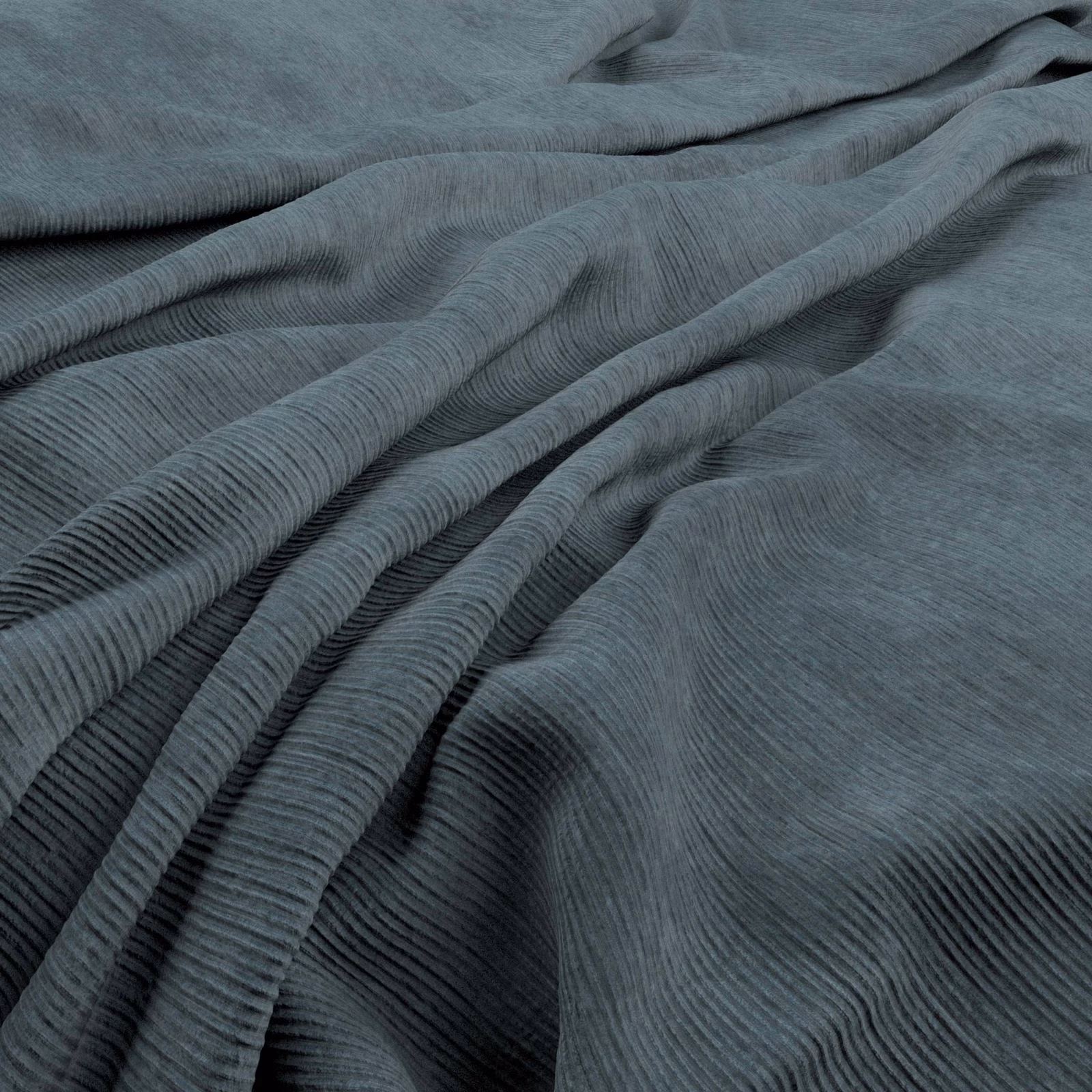Blue-grey Graf fabric with fine rippled ribs folding into soft, fluid pleats