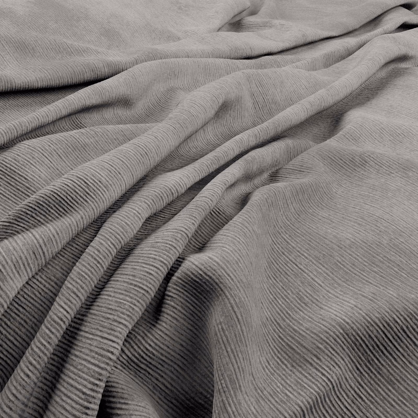 Cool grey Graf fabric with fine ribs folding into soft, shadowed drapes