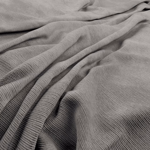 Cool grey Graf fabric with fine ribs folding into soft, shadowed drapes