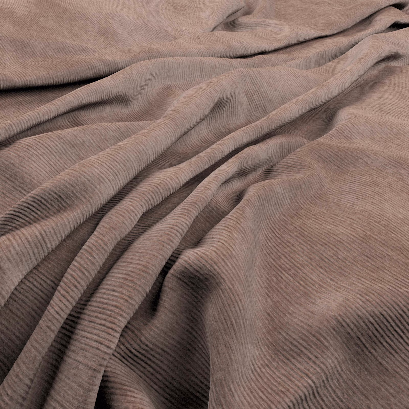 Taupe-grey Graf fabric with fine ribbing folded into softly shadowed drapes