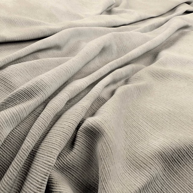Soft ivory fabric with fine linear ribbing falling into deep gathered folds
