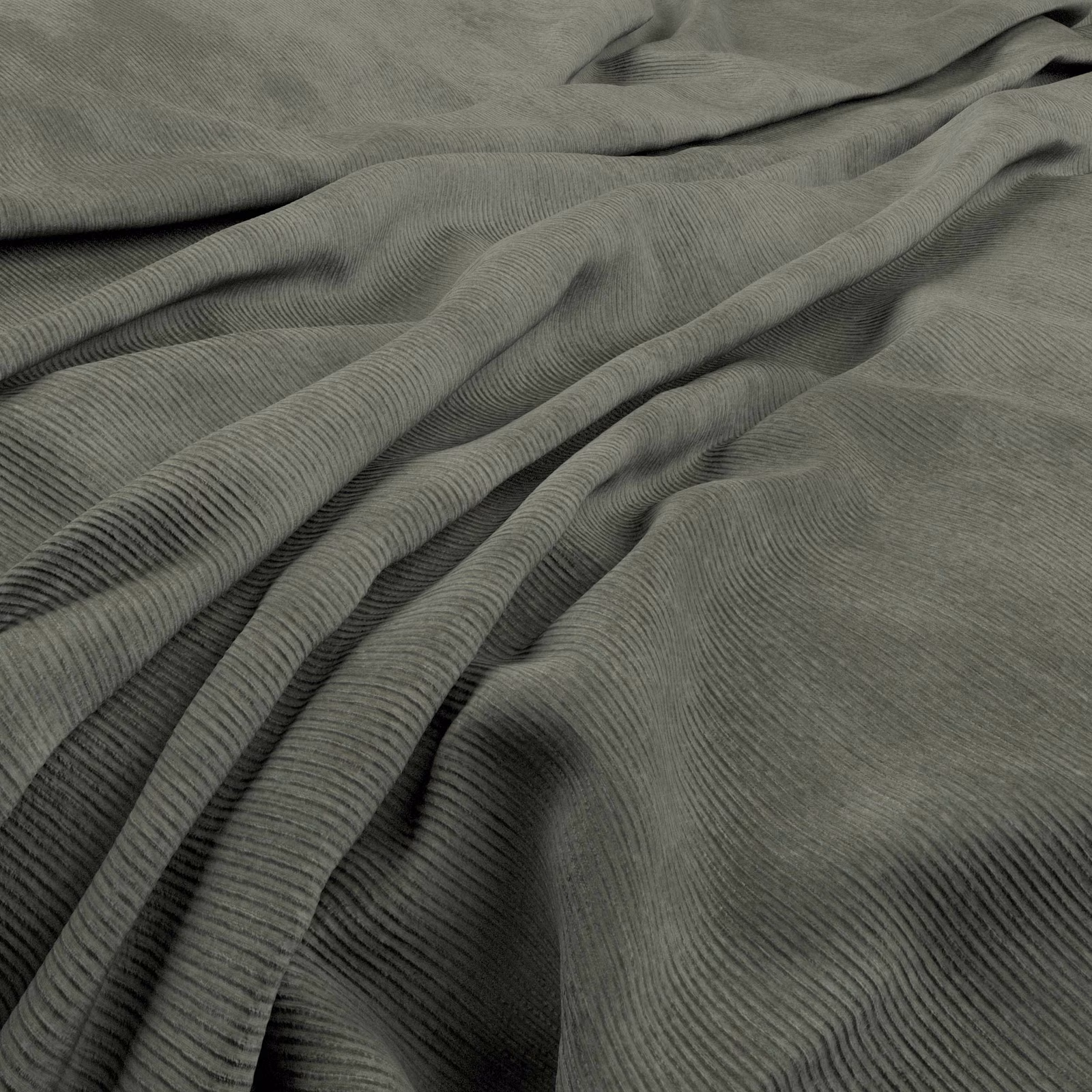 Muted jade-grey ribbed fabric draped in deep folds with fine vertical texture