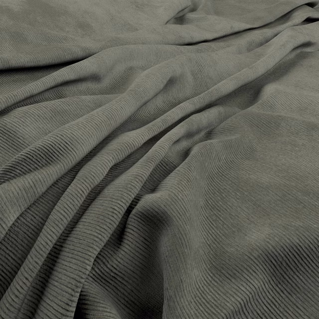 Muted jade-grey ribbed fabric draped in deep folds with fine vertical texture