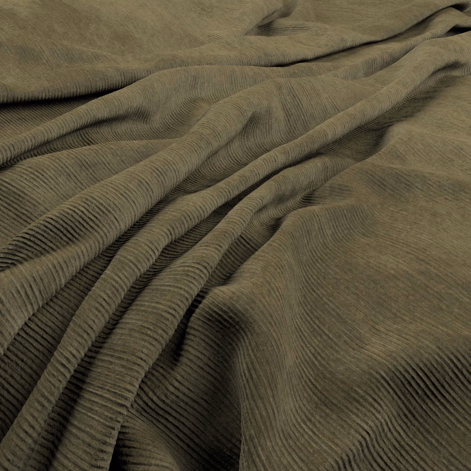 Muted olive-moss ribbed textile gathered into deep, shadowed folds
