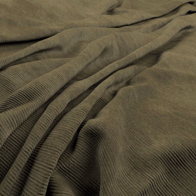 Muted olive-moss ribbed textile gathered into deep, shadowed folds