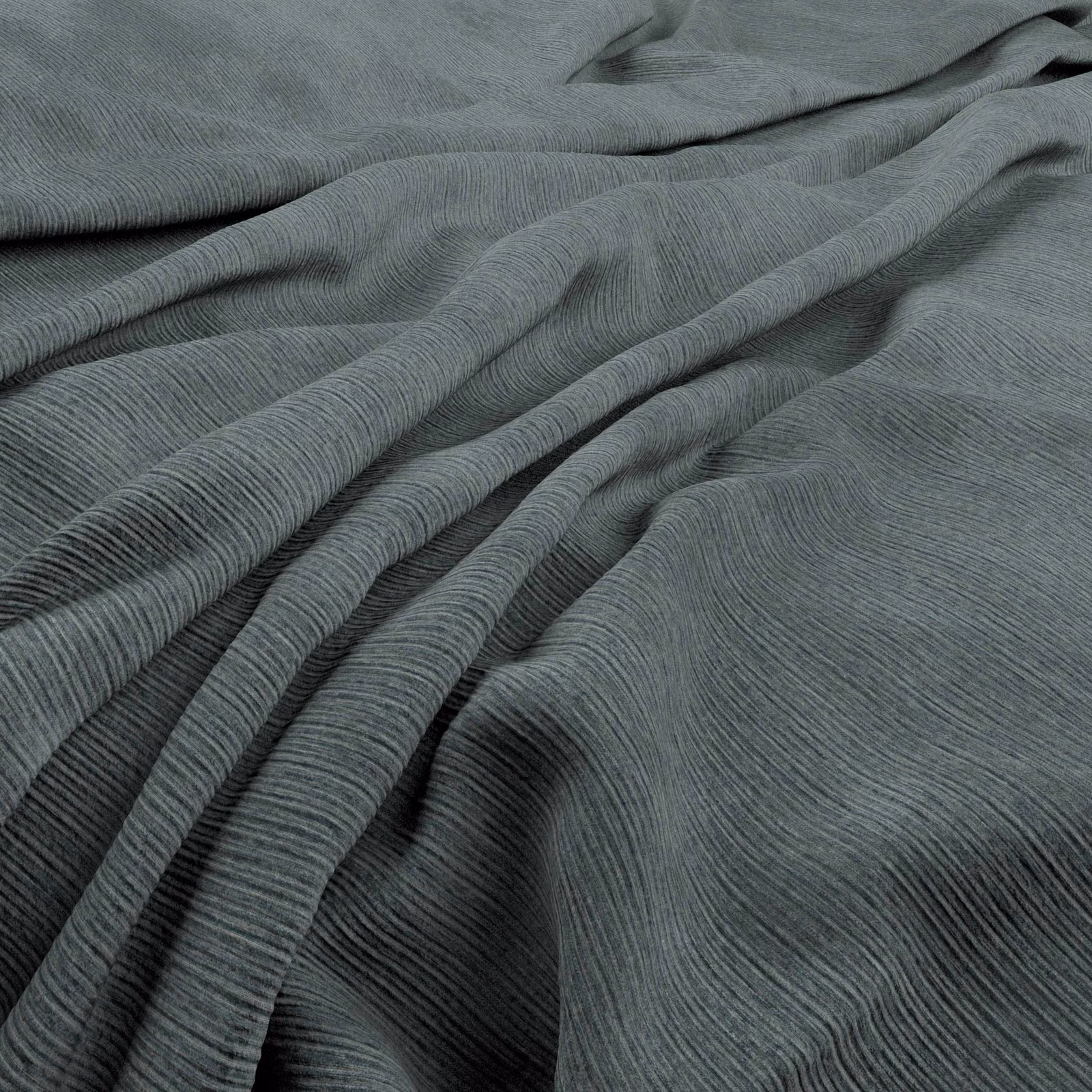 Blue-grey Graf fabric with fine linear ridges falling into deep fluid folds