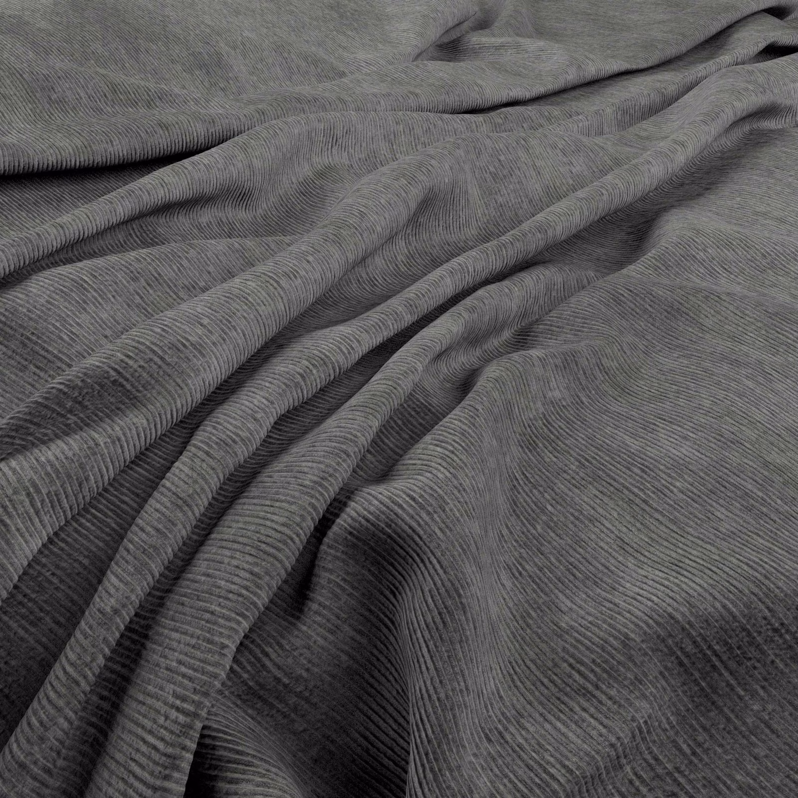 Close-up of Graf Slate’s cool grey, fine ribbed fabric in deep folds