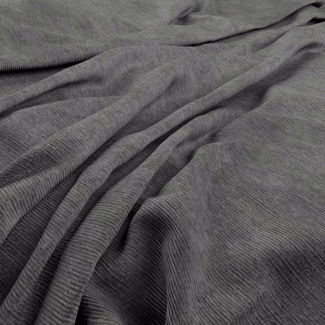 Close-up of Graf Slate’s cool grey, fine ribbed fabric in deep folds