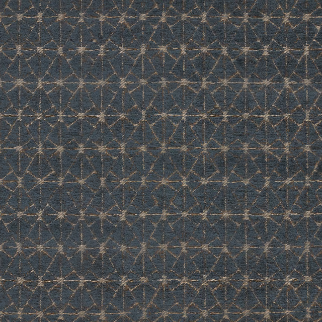 Dark indigo geometric woven fabric with fine beige line pattern