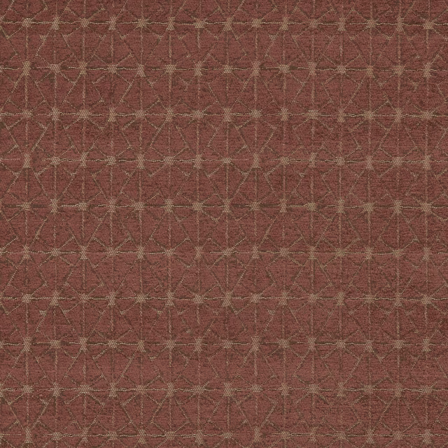 Terracotta geometric upholstery fabric with fine light lattice on a warm rust ground