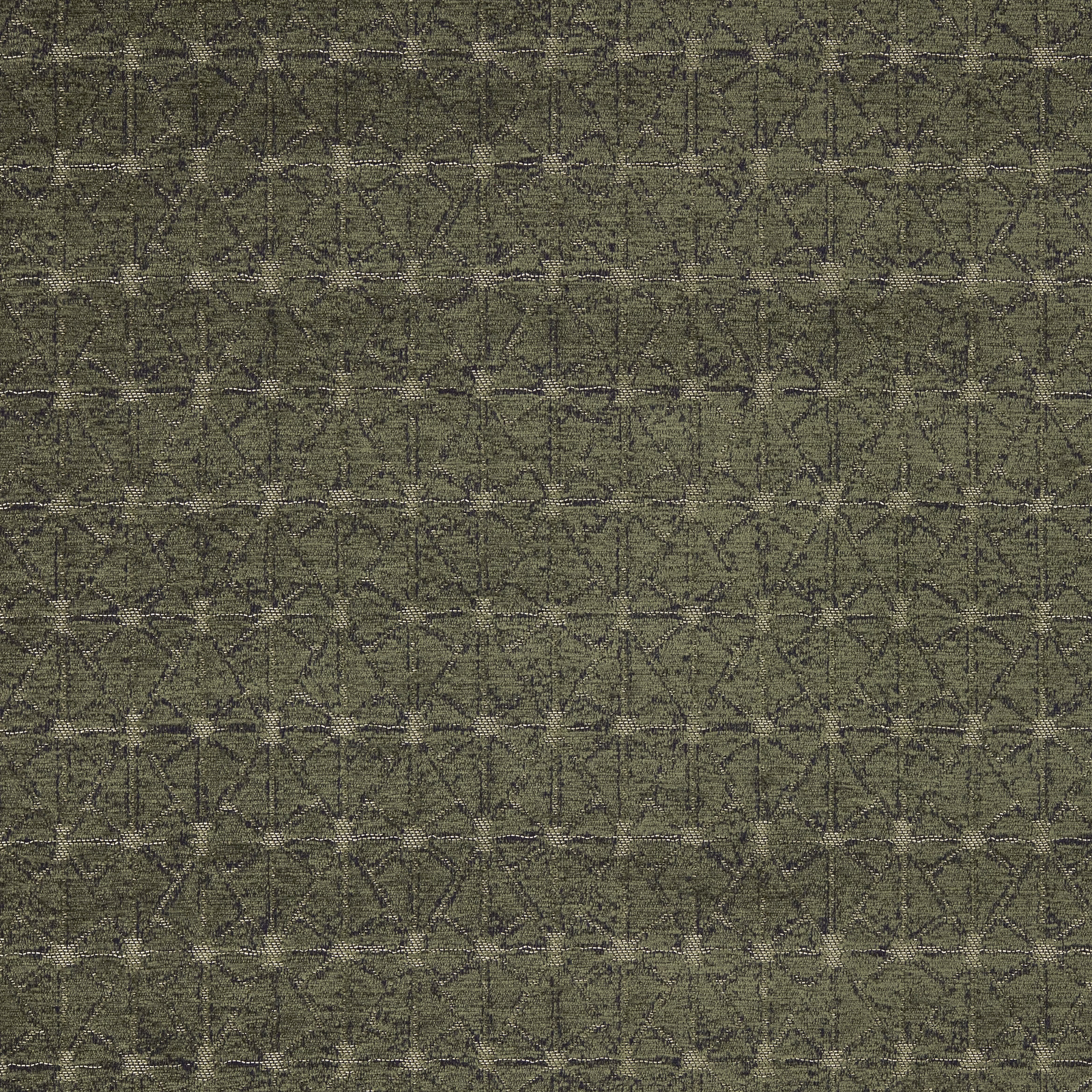 Olive green woven upholstery fabric with dark geometric vine pattern