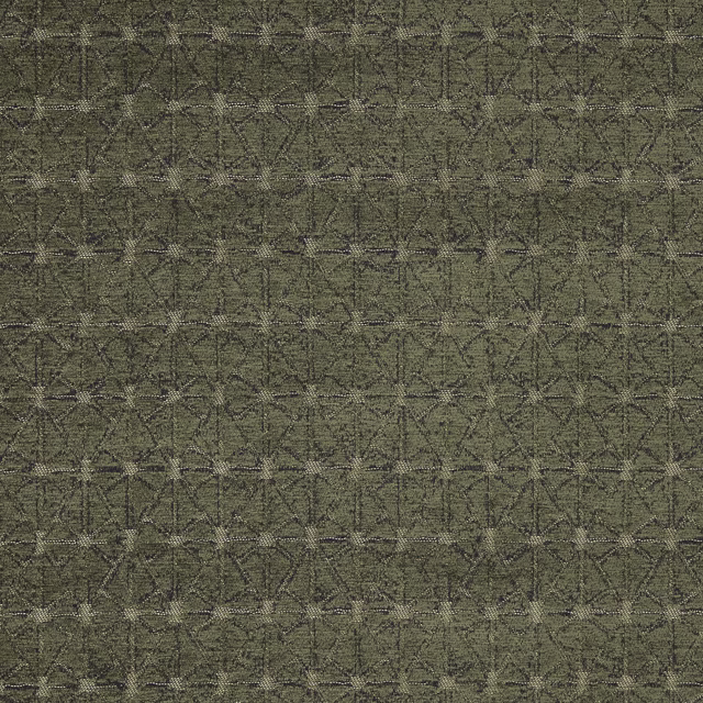 Olive green woven upholstery fabric with dark geometric vine pattern
