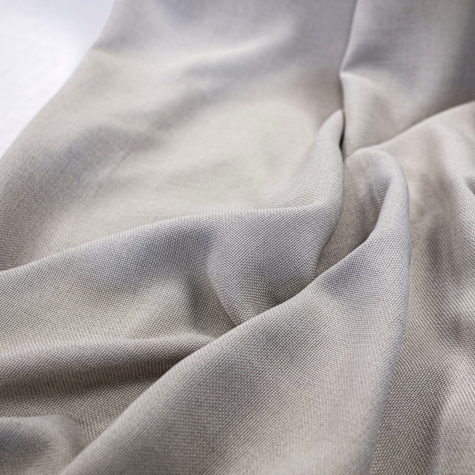 Pale sandstone grey-beige fabric with fine woven grain arranged in soft folds