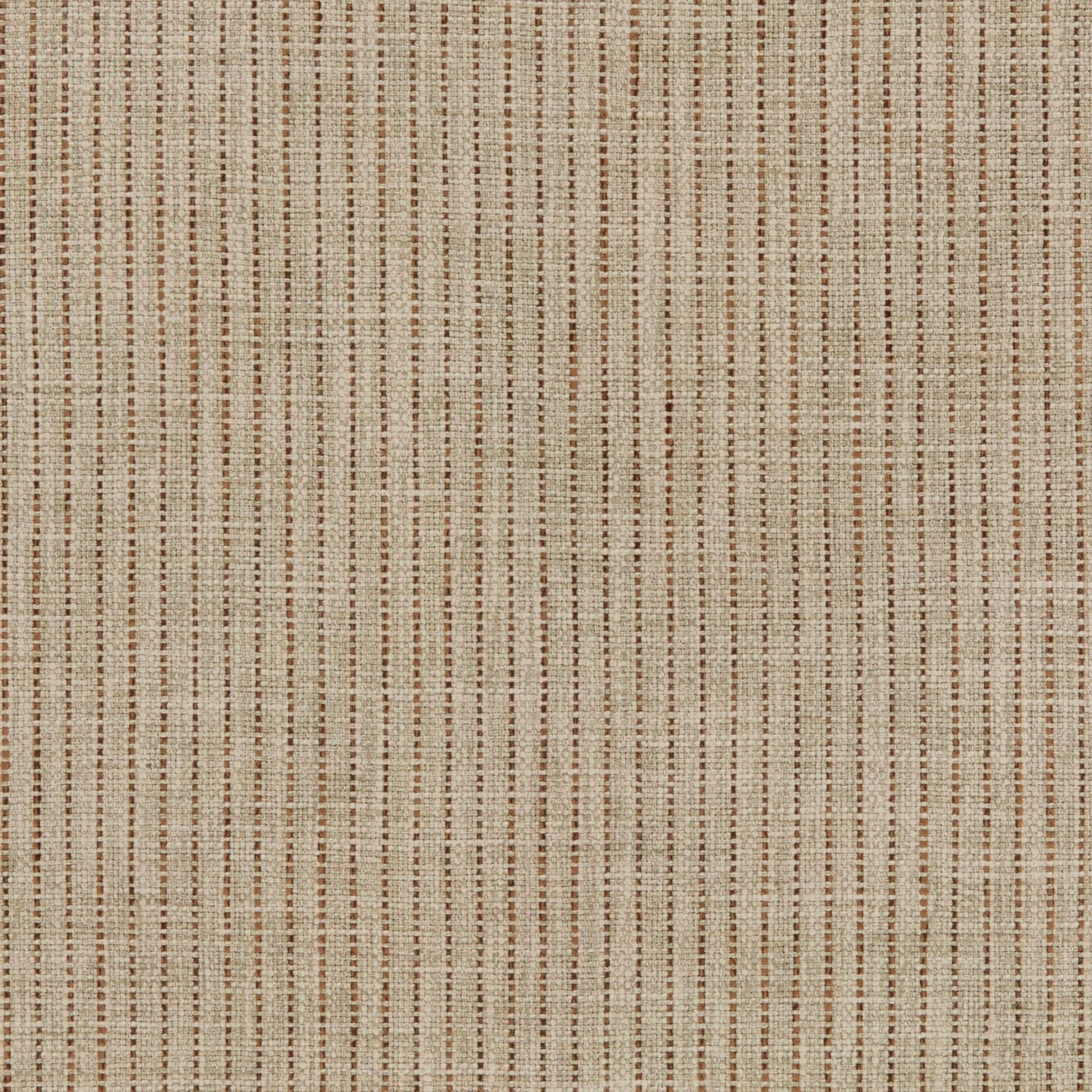 Oatmeal beige woven fabric with fine broken taupe-brown vertical stripes