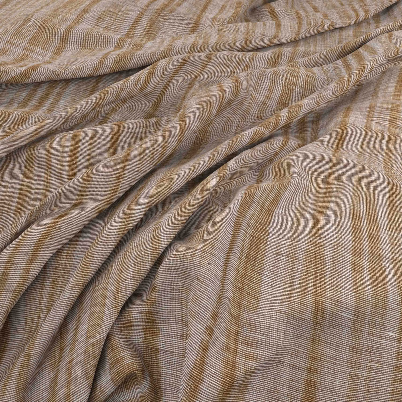 Warm bamboo beige fabric with fine vertical striations and fluid folds