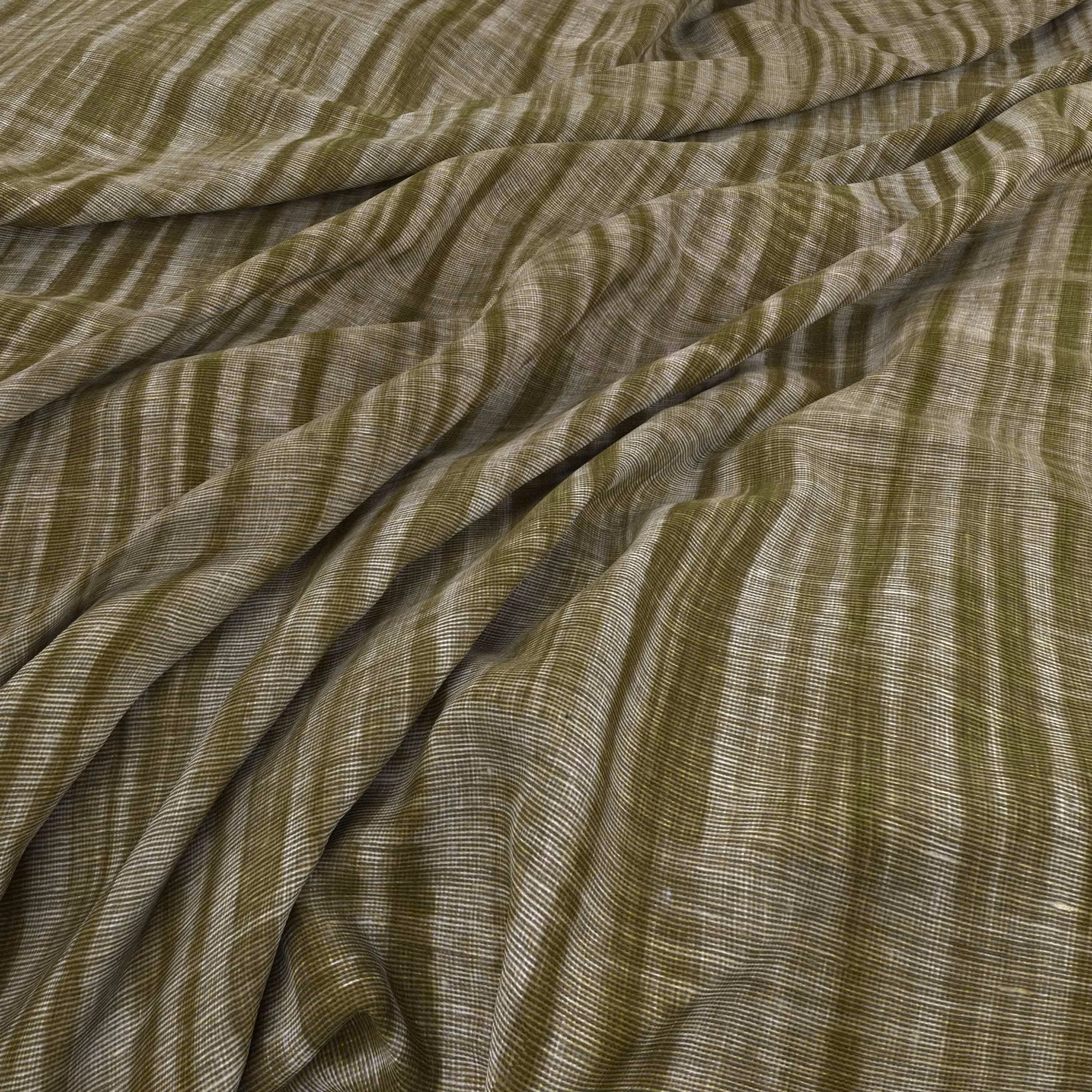 Draped muted fern olive fabric with wavering pale lines and fine textured weave