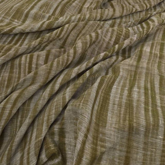 Draped muted fern olive fabric with wavering pale lines and fine textured weave
