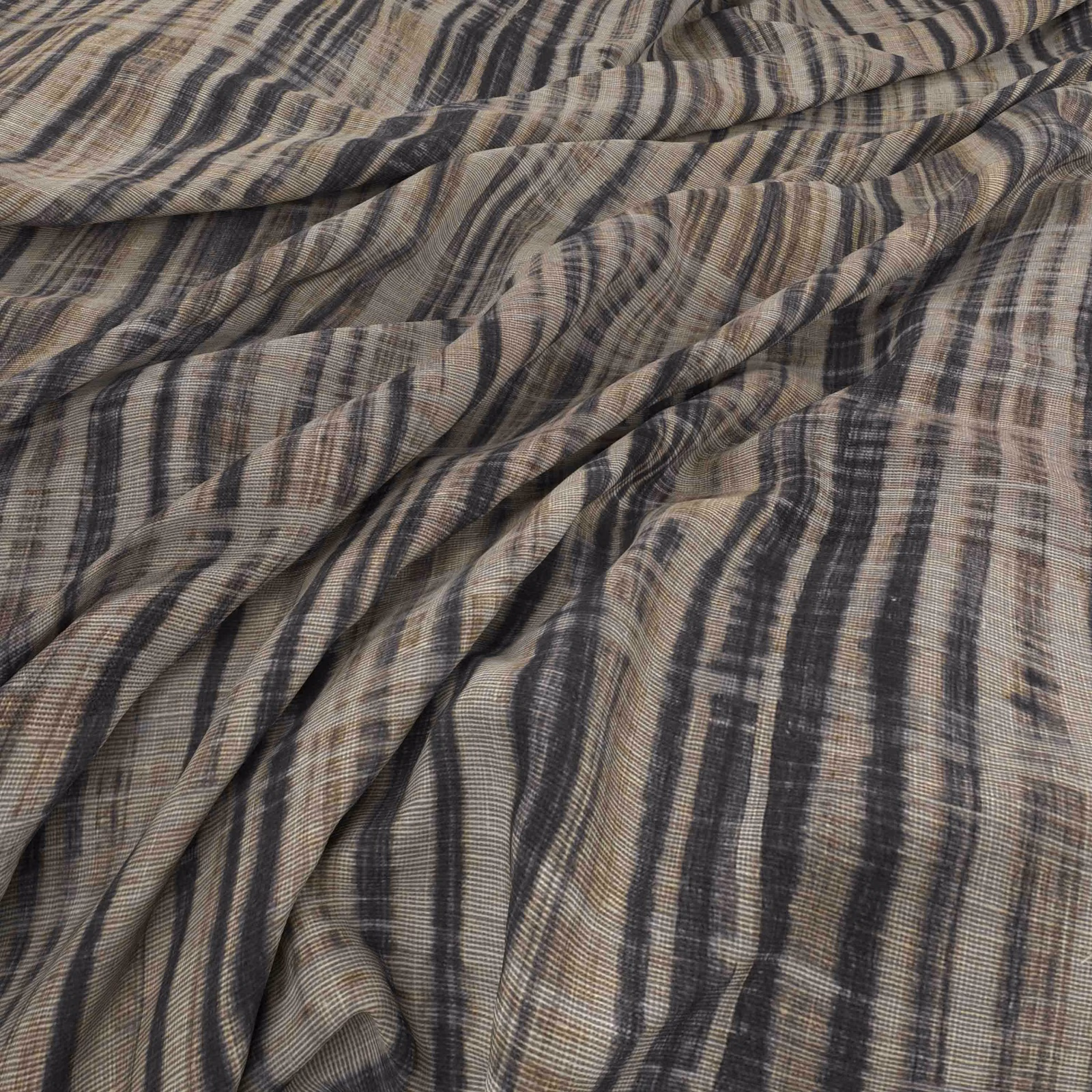 Hana Lava fabric with charcoal irregular stripes across warm taupe woven cloth