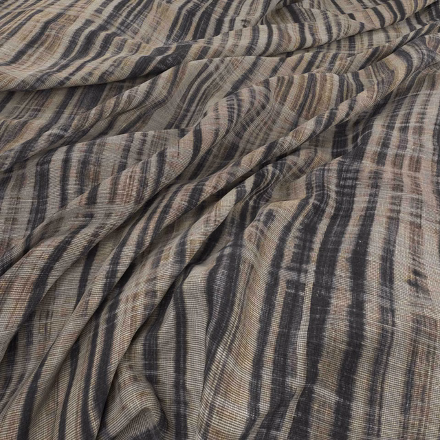 Hana Lava fabric with charcoal irregular stripes across warm taupe woven cloth